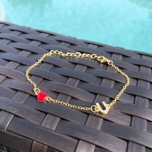 Red Heart & U With Stones Faux Gold Bracelet Valentine’s Day Trendy NWT